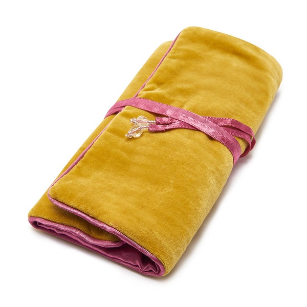 Gorgeous Honey and Pink velvet jewellery roll with satin lining & beaded ties. Gift for her, home, travel, holiday, summer,  JR10H