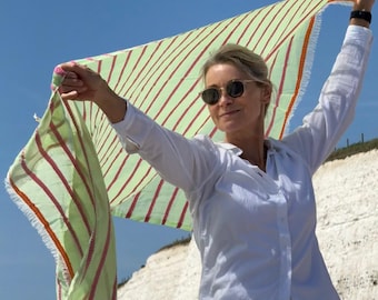 ALGODÓN a rayas color menta con bordado, pareo, capa o pareo KB235