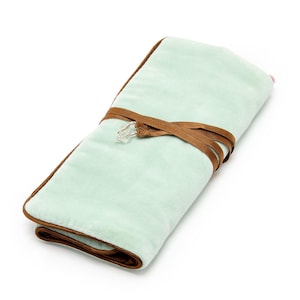 Gorgeous Mint velvet jewellery roll with brown satin lining & beaded ties. Jewelry case, jewelry wrap JR10MC