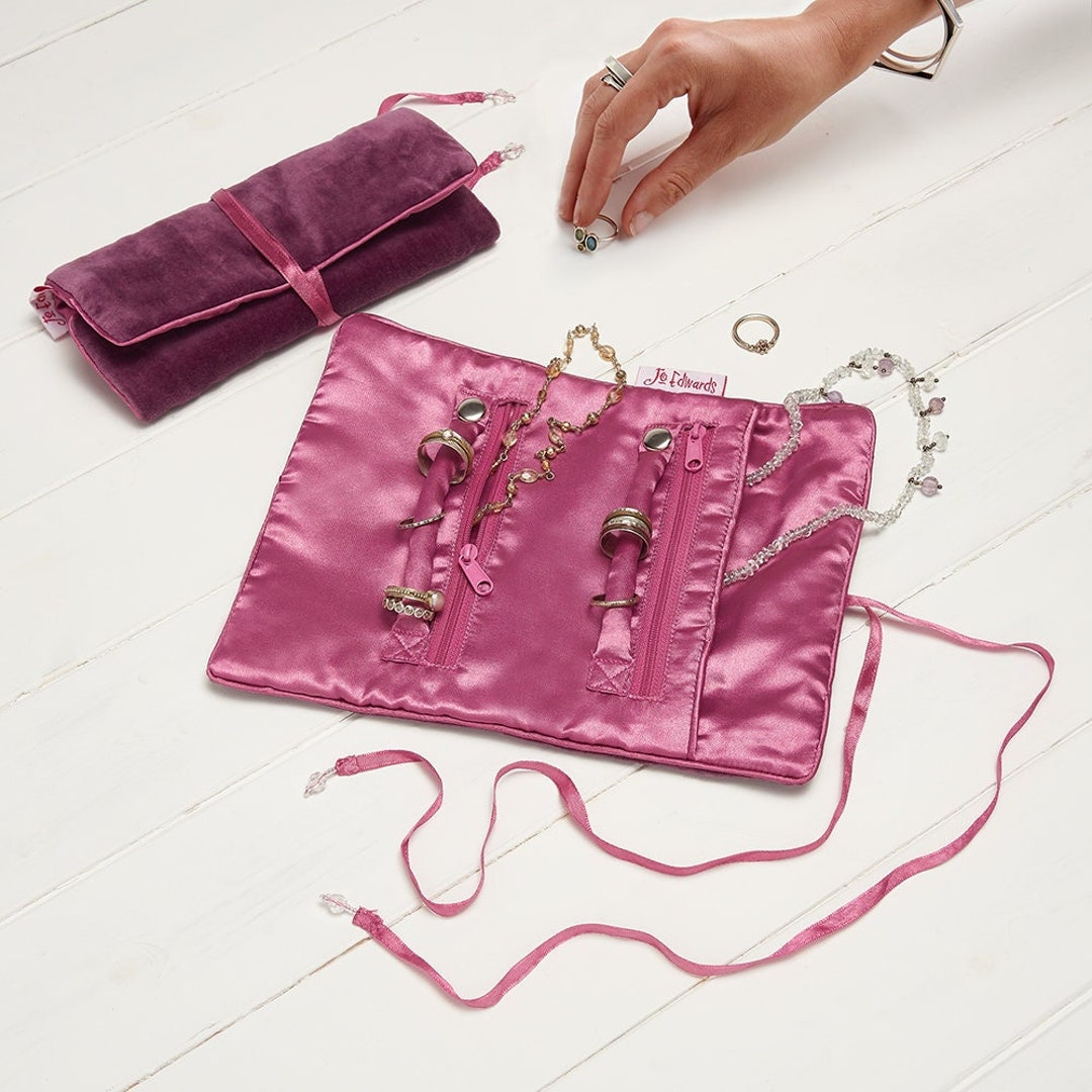 Aubergine Velvet Jewellery Roll With Pink Satin Lining