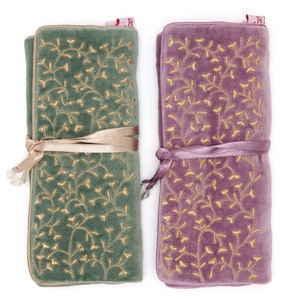 Sumptuous  Gold Embroidery velvet jewellery roll with satin lining & beaded ties. Gift for her, home, travel, summer,  JR11