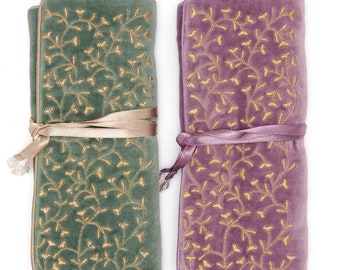 Sumptuous  Gold Embroidery velvet jewellery roll with satin lining & beaded ties. Gift for her, home, travel, summer,  JR11