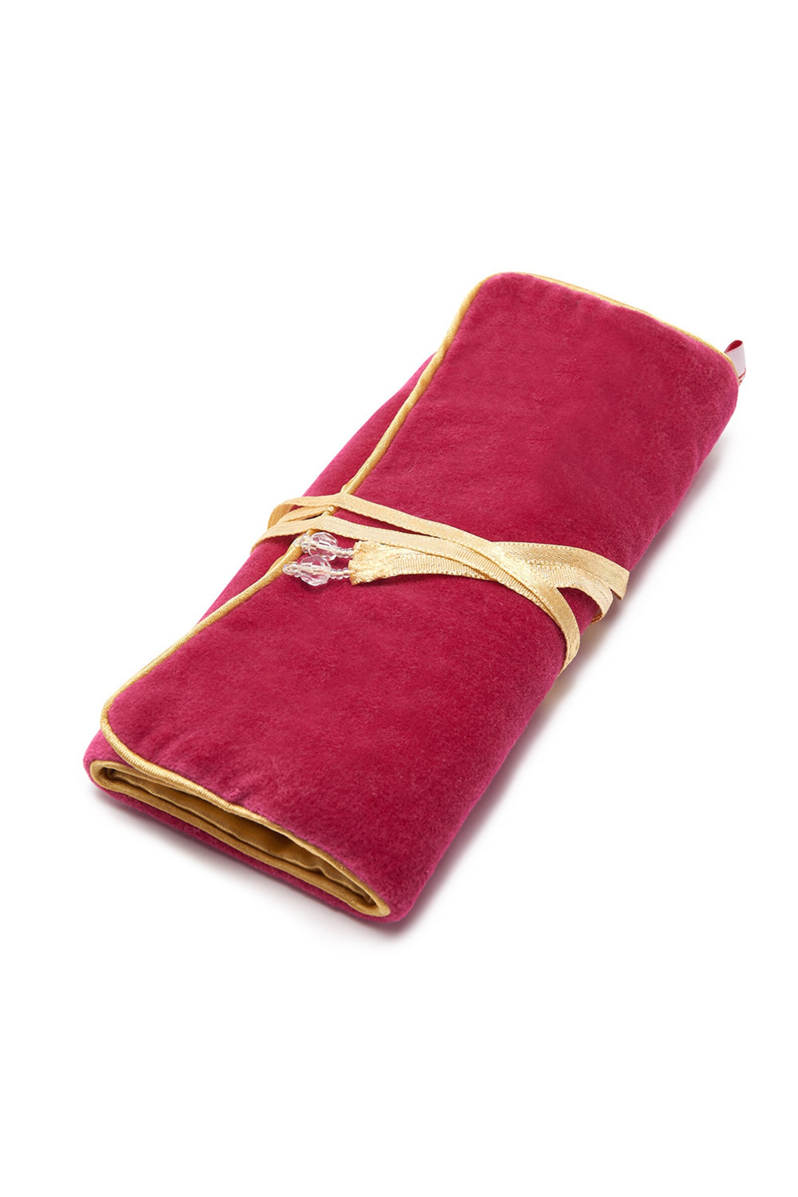Rose Velvet Jewellery Roll With Satin Lining & Beaded Ties