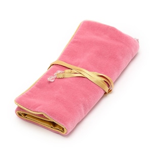 Gorgeous Pink Flamingo velvet jewellery roll w pretty dark gold satin lining & beaded ties. Jewelry wrap, jewelry roll, jewelry case JR10PI