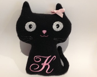 Personalised embroidered,initialed,handmade soft toy, stuffed Black Cat