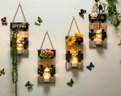 Hanging Wall Decor with LED light ,Wooden Board, Glass Jar and Artificial Flowers