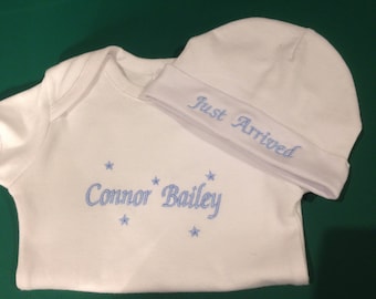 Personalised embroidered boy/girl  baby onesie and beanie