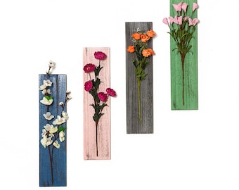 Hanging Wall Decor with LED Wooden Board and Artificial Flowers