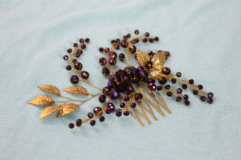 Wedding Crystal Hair Comb Floral Gold Comb Purple Hair Comb Bridal Jewelry Crystal Leaf Hair Comb Bohemian Headpiece Gold Leaf Headpiece