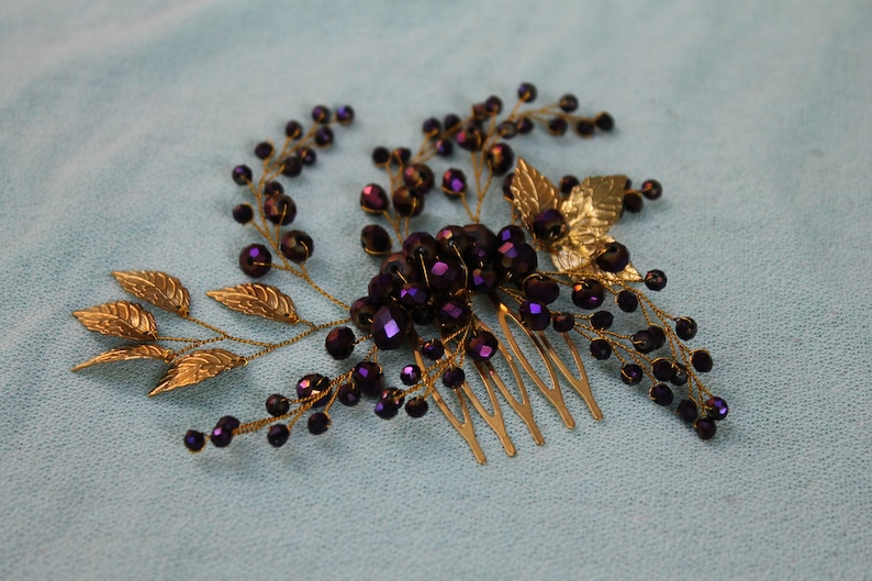 Wedding Crystal Hair Comb Floral Gold Comb Purple Hair Comb Bridal Jewelry Crystal Leaf Hair Comb Bohemian Headpiece Gold Leaf Headpiece