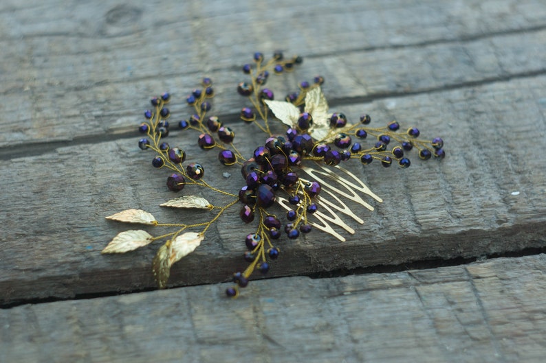 Wedding Crystal Hair Comb Floral Gold Comb Purple Hair Comb Bridal Jewelry Crystal Leaf Hair Comb Bohemian Headpiece Gold Leaf Headpiece