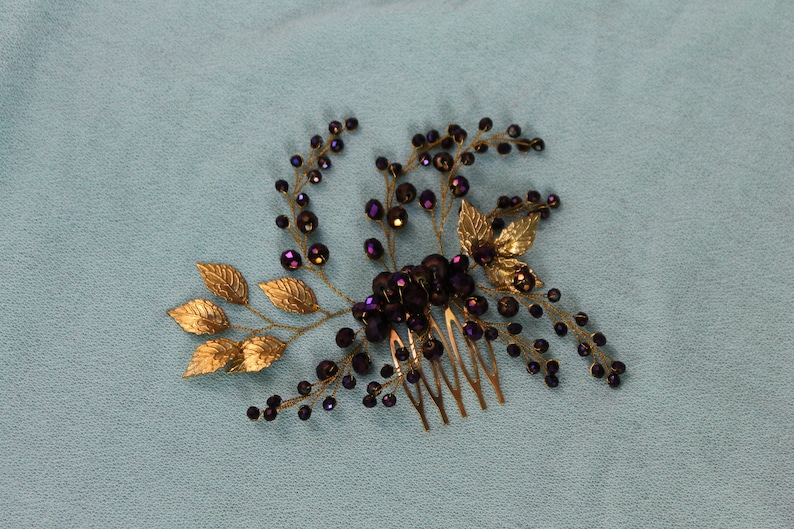 Wedding Crystal Hair Comb Floral Gold Comb Purple Hair Comb Bridal Jewelry Crystal Leaf Hair Comb Bohemian Headpiece Gold Leaf Headpiece