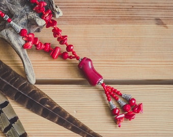 Bohemian tibetan Red coral beaded necklace, Tibetan amulet, nomad berber jewelry, Mexican ethnic