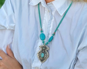 Authentic Berber Ethnic Necklace - Vintage Style with Sky Blue Turquoise Tuareg pendant