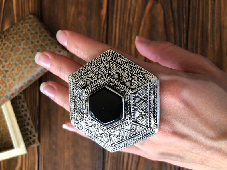 ATS vintage boho gypsy Large male Ring Afghani kuchi massive ring,unisex wiccan Berber Tribal Jewellery Tuareg black agate ring