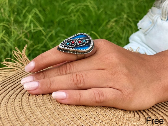 Blue Afghan vintage drop ring, bohemian Tribal  J… - image 1