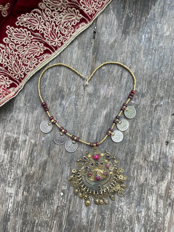Vintage Afghan coins necklace, Berber massive pen… - image 4