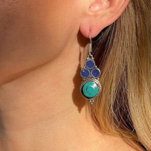 Ice flower earrings, earrings with turquoise and lapis lazuli, silver Nepali elegant jewelry, bohemian style, ritual decoration, amulet.