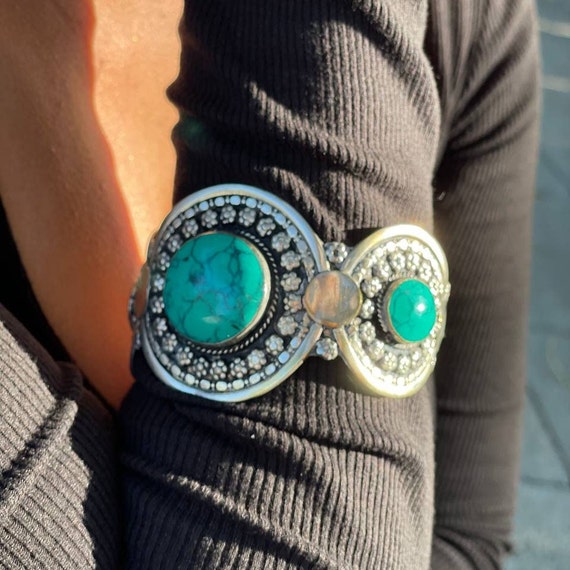 Solid bangle with green turquoise boho, Moroccan … - image 5