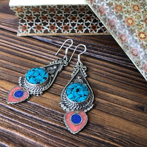 Long Vintage mosaic ethnic earrings, Tibetan drop lapis lazuli earrings, silver Nepali elegant earrings , tribal jewelry, bohemian style
