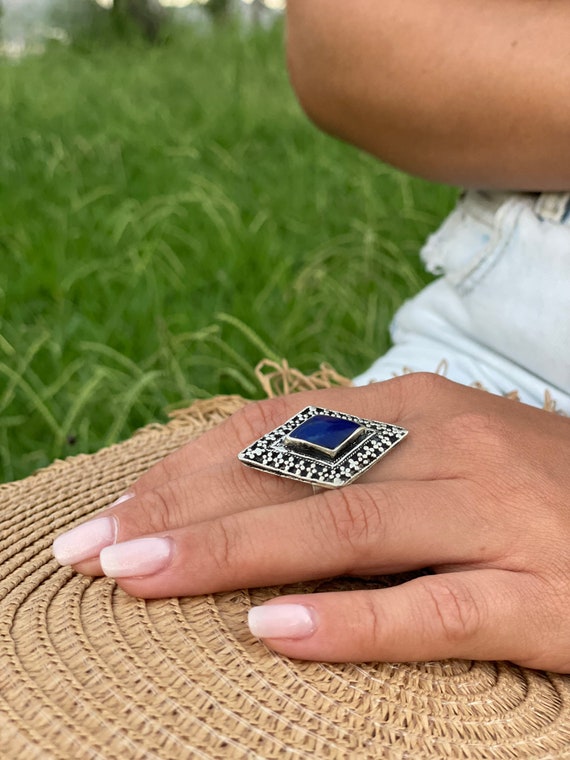 Vintage kuchi lapis lazuli ring, rhombus shaped A… - image 2