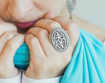 Oval tribal ring with oriental ornament, mascot, fusion tribe, ring design, unusual stylish rings, rare decorations.