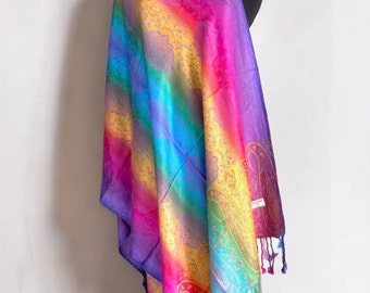 Rainbow two-sided pashmina shawl with multi-colored paisley pattern, woven scarf for all seasons, Kanni shawl, gift scarf