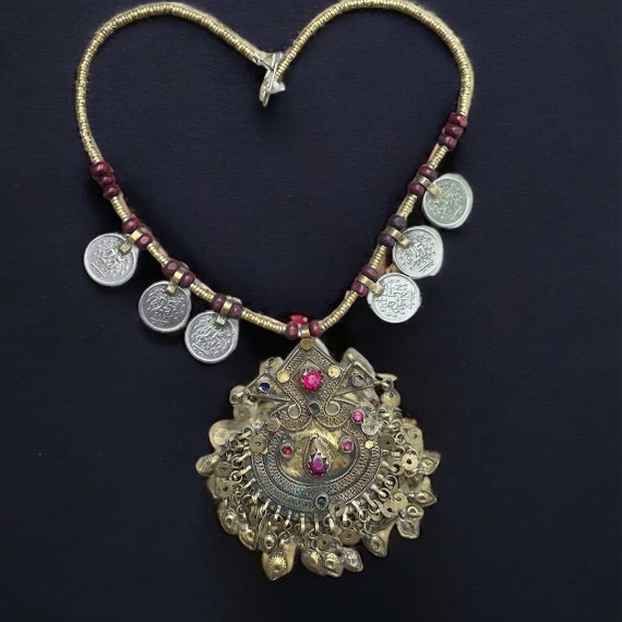 Vintage Afghan coins necklace, Berber massive pen… - image 1