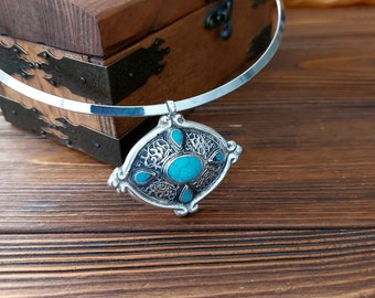 Boho pendant with blue turquoise, Afghan amulet heap, forged pendant, Kazakh oval medallion necklace, bohemian jewelry, tuareg medallions