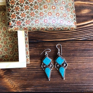 Nepali turquoise ethnic earrings, Tibetan drop earrings, silver Nepali elegant earrings , tribal jewelry, bohemian style,LARP reconstruction