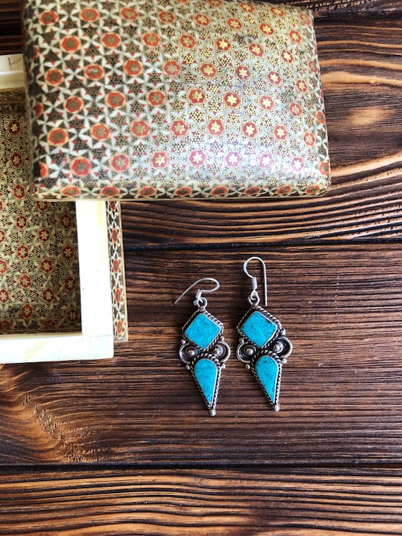 Nepali turquoise ethnic earrings, Tibetan drop ear