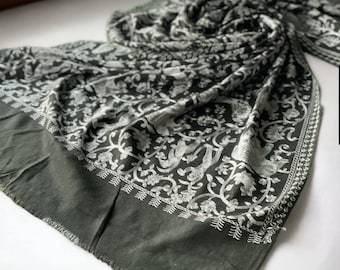 Elegant black pashmina shawl with embroidered grey "Animals", exquisite embroidered pattern, beautiful palatine gift, unisex scarf.