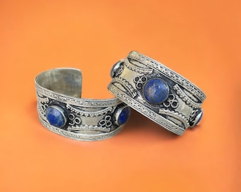 Tribal Afghan Lapis Lazuli Cuff Bracelet, Bohemian Kuchi Jewelry