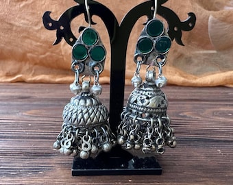 Vintage jumper earrings, inlaid with green glass, bell earrings, Berber ethnic