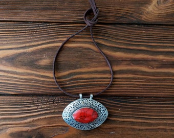 Bright boho pendant with red coral, Afghan heap mascot, forged pendant, Kazakh oval medallion vintage, bohemian jewelry, tuareg pendant.