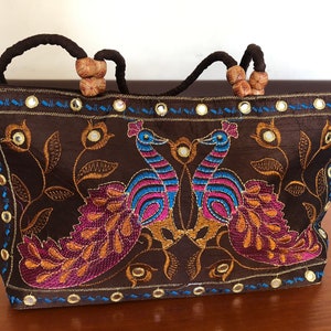 Brown embroidered Tote Bag, Tribal Design Pattern bag, Multicolor glass embroidery, Bohemian elephant Pattern Bag