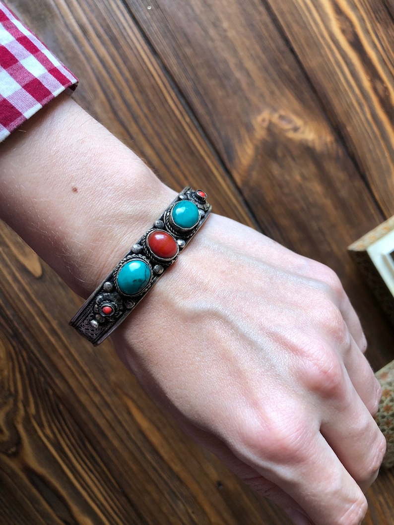 Vintage tibetan chunky turquoise and coral bracelet,filigree kuchi bracelet tribal boho look gypsy bangles Tuareg nomadic amulet