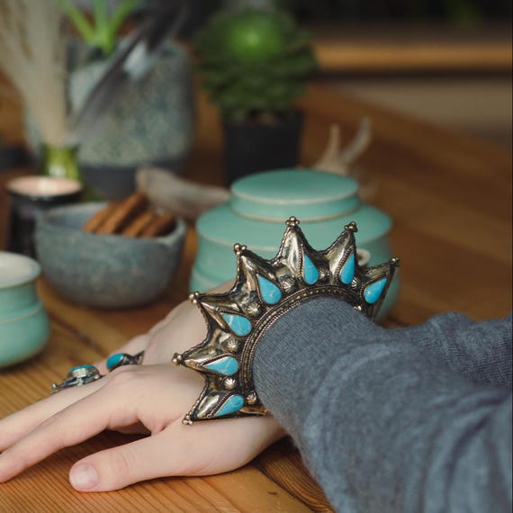 Tribal Afghan blue enamel bracelet, Gypsy nomadic cuff, Bohemian kuchi vintage, Tuareg Ethnic jewelry, Berber Antique style, ats fusion