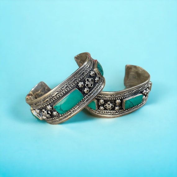Green turquoise bracelet with rectangular stones,… - image 4