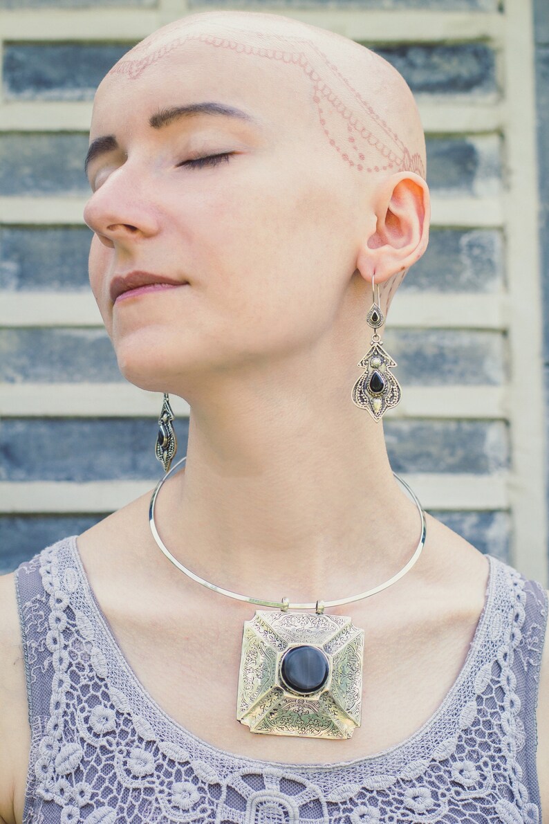 Kazakh antique jewelry bohemian tribal nomadic jewelry Wiccan vintage Tuareg earrings Long massive black agate earrings