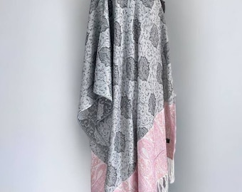 Stylish two-way pashmina shawl in grey and pink with colourful pattern, Paisley design,woven scarf for all seasons, unisex body warmer shawl