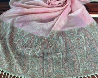Two-sided pink and lemon pashmina shawl with multi-colored pattern, woven scarf for all seasons, Kanni shawl, gift scarf