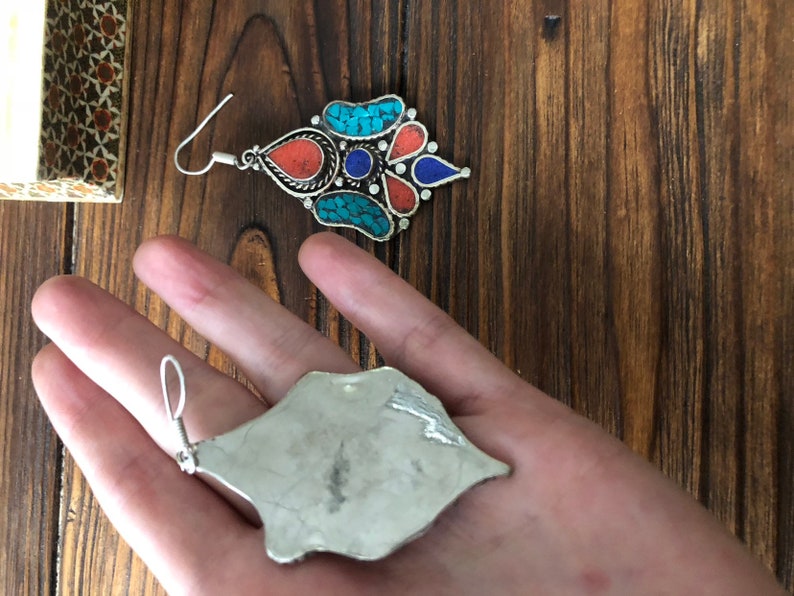 Massive bohemian mosaic turquoise earrings lapis and coral Tibetan earrings Mexican tribal ethnic peacock feather jewelry Berber vintage