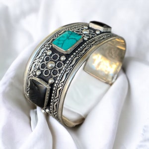 Pulsera bereber de ágata negra y turquesa, brazalete tribal bohemio