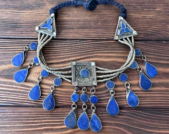 Afghan Lapis Lazuli Choker Necklace, Bohemian Jewelry, Drop Elements