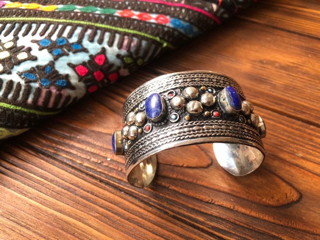 Bracelet Turkmène Afghan Ancien - Cuff En Argent Et Lapis-lazuli, Fait Main Tribal