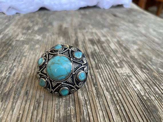 Berber massive  blue turquoise ring, flower triba… - image 3