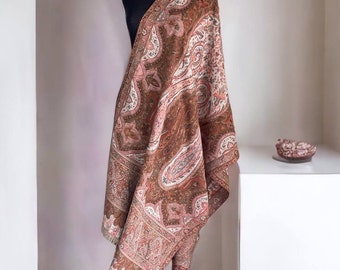 Woven Jacquard Shawl handmade, eternal blend of style and heat, long cape, Christmas gift, bohemian scarf, brown with ornament palatine.