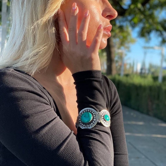 Solid bangle with green turquoise boho, Moroccan … - image 6