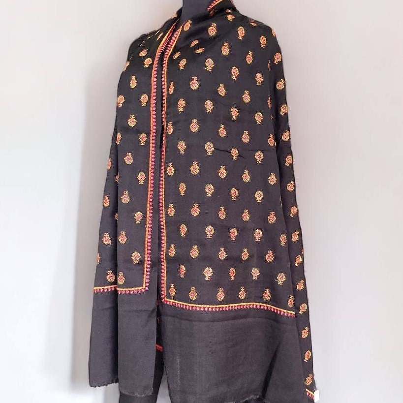 Elegant black shawl with multicolor embroidery, Pashmina scarf, Sari national headscarf, unisex scarf, gift scarf, spiritual clothing.